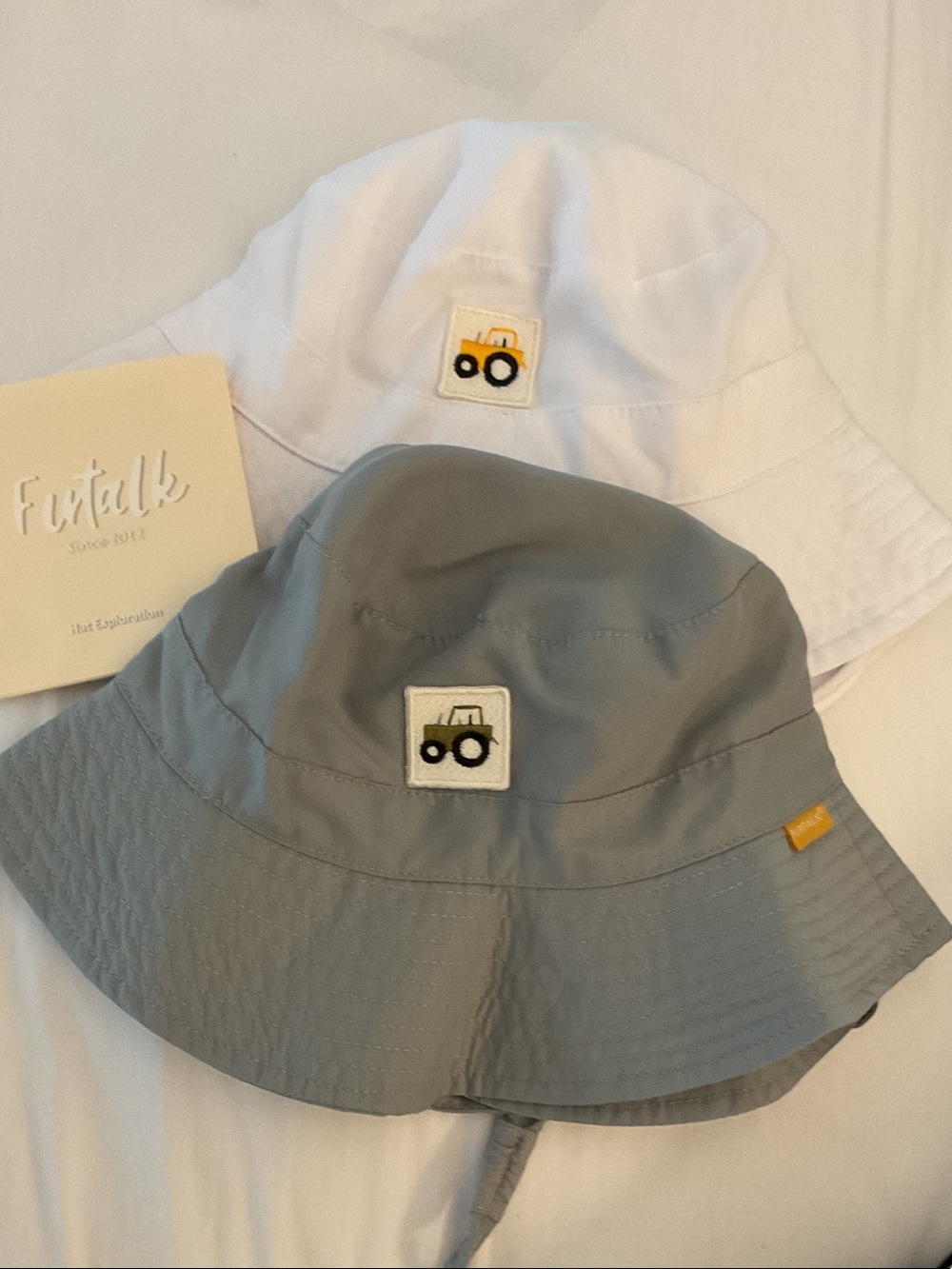 Kids Bucket Hat in White & Gray with Tractor Patch -